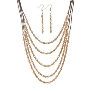 Gold Tone and Brown Cord Layering Necklace Set
